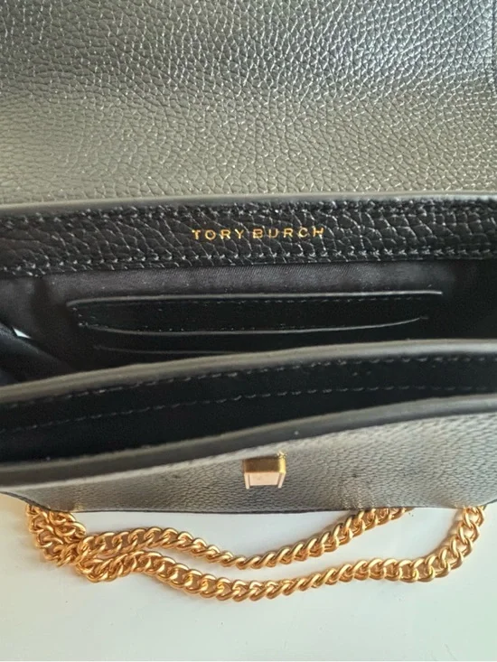 Tory Burch Black Pebbled Leather Crossbody with Gold Logo Chain - Picture 2 of 3